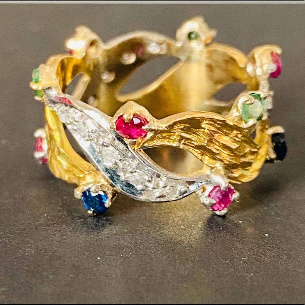 18k Gold Emerald Ruby sapphire & diamond ring band